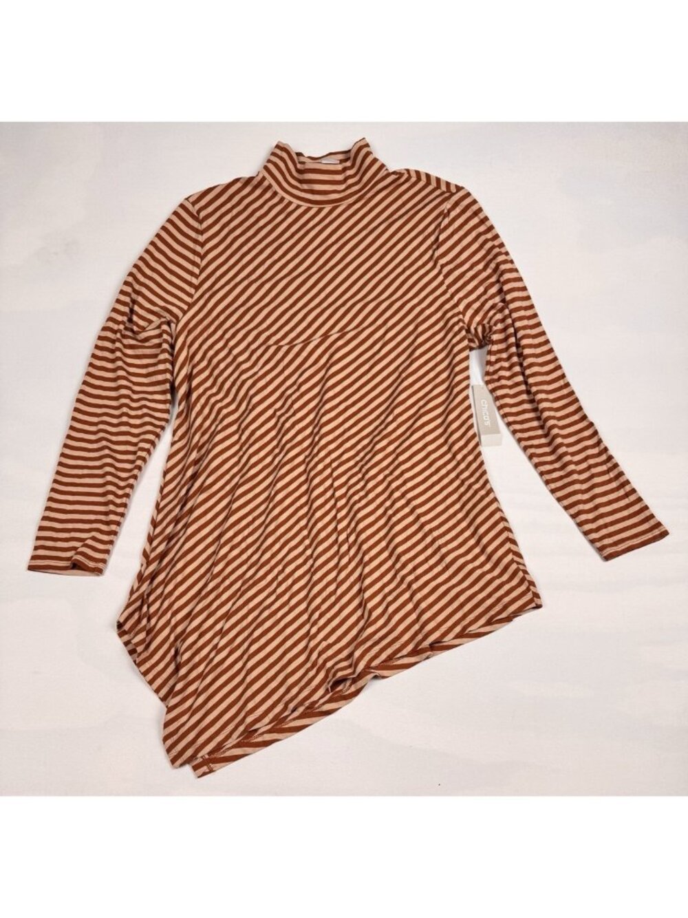 NWT Chicos Mock Neck Tunic Top Womens 2 Bronzed Clay Stripe Long Sleeve Asym Hem